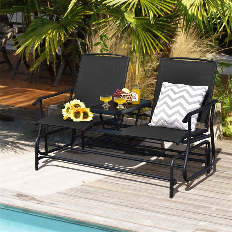 2-Person Outdoor Glider Chair with Center Tempered Glass Table, Steel Frame & Breathable Mesh, Patio Rocking Bench for Porch Garden Poolside
