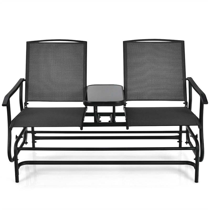 2-Person Outdoor Glider Chair with Center Tempered Glass Table, Steel Frame & Breathable Mesh, Patio Rocking Bench for Porch Garden Poolside