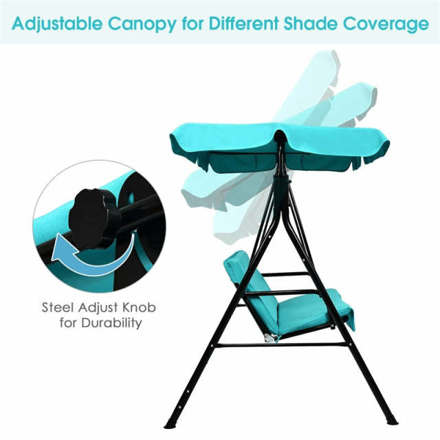 2 Person Patio Swing with Adjustable Canopy & Removable Cushions, Weather Resistant Outdoor Porch Swing for Backyard, Garden, Balcony