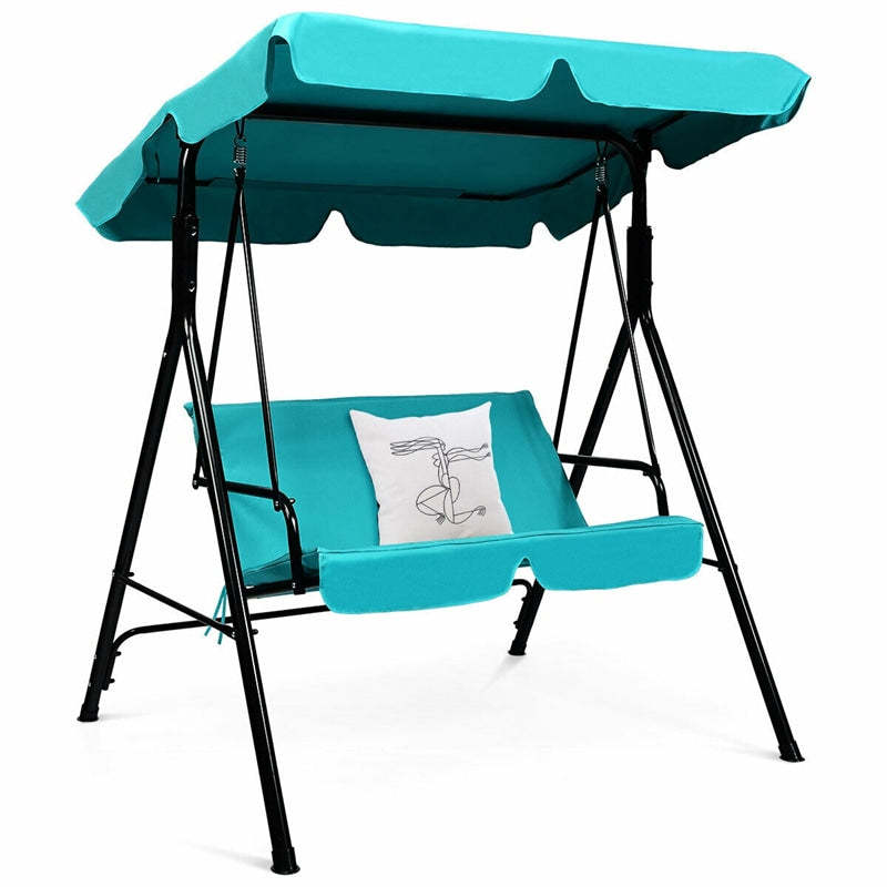 2 Person Patio Swing with Adjustable Canopy & Removable Cushions, Weather Resistant Outdoor Porch Swing for Backyard, Garden, Balcony