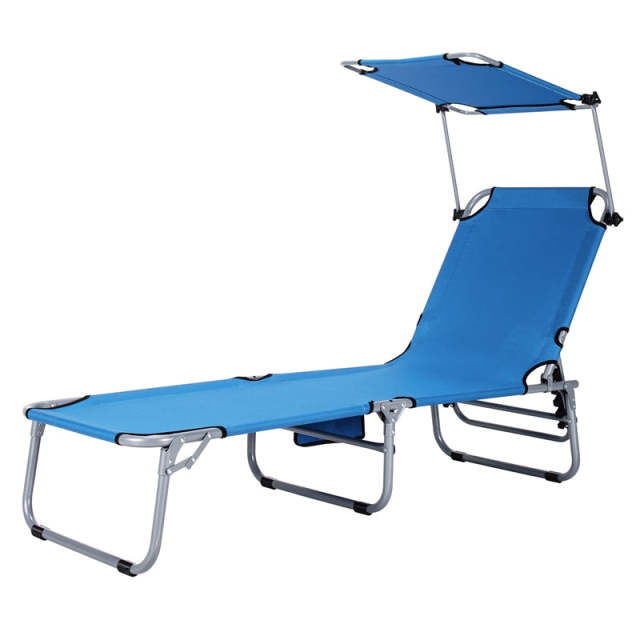 Folding Beach Lounge Chair, Outdoor Sun Lounger with Canopy, Adjustable Backrest & Side Pocket, Portable Tanning Chair with for Patio, Poolside