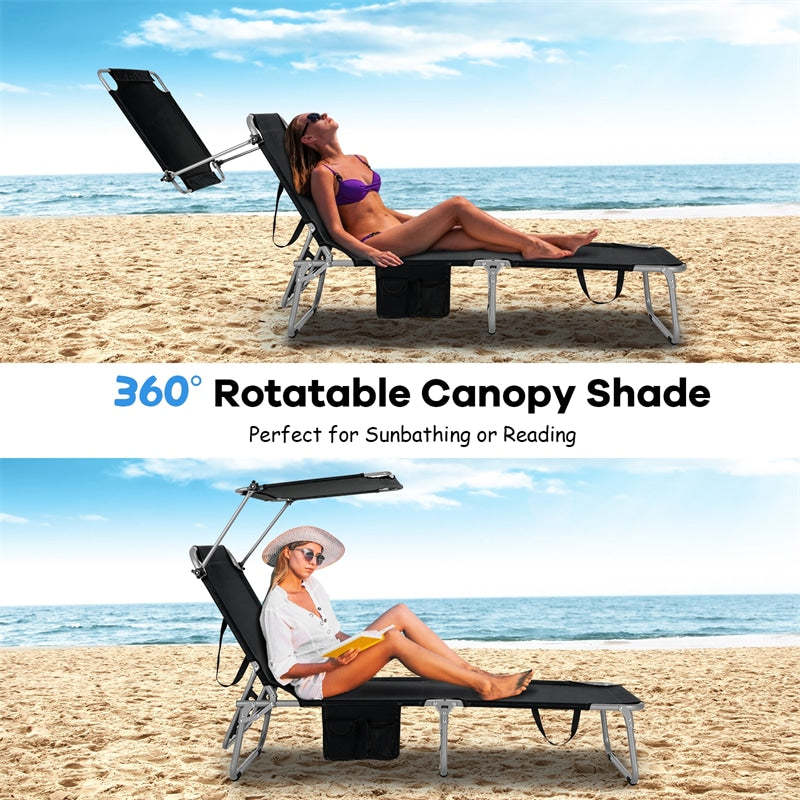 Folding Beach Lounge Chair, Outdoor Sun Lounger with Canopy, Adjustable Backrest & Side Pocket, Portable Tanning Chair with for Patio, Poolside