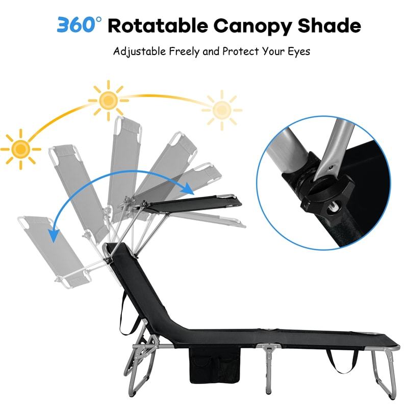 Folding Beach Lounge Chair, Outdoor Sun Lounger with Canopy, Adjustable Backrest & Side Pocket, Portable Tanning Chair with for Patio, Poolside