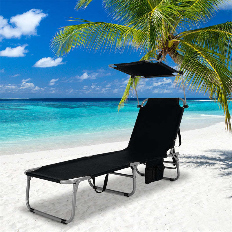 Folding Beach Lounge Chair, Outdoor Sun Lounger with Canopy, Adjustable Backrest & Side Pocket, Portable Tanning Chair with for Patio, Poolside