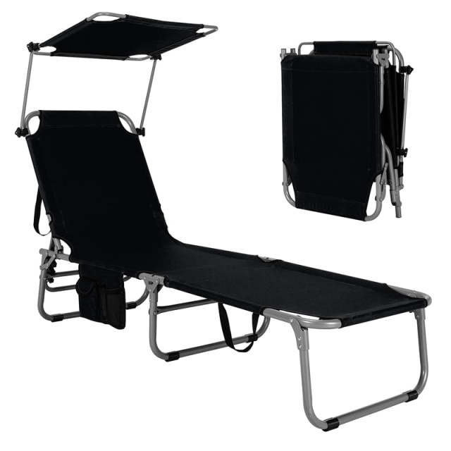 Folding Beach Lounge Chair, Outdoor Sun Lounger with Canopy, Adjustable Backrest & Side Pocket, Portable Tanning Chair with for Patio, Poolside