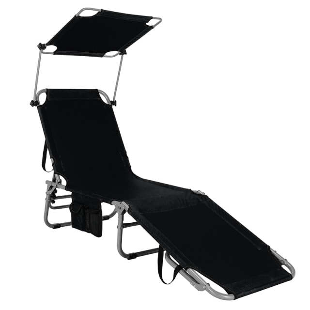 Folding Beach Lounge Chair, Outdoor Sun Lounger with Canopy, Adjustable Backrest & Side Pocket, Portable Tanning Chair with for Patio, Poolside