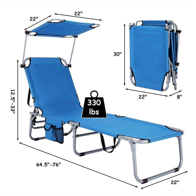 Folding Beach Lounge Chair, Outdoor Sun Lounger with Canopy, Adjustable Backrest & Side Pocket, Portable Tanning Chair with for Patio, Poolside