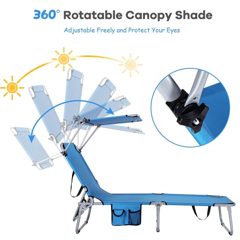 Folding Beach Lounge Chair, Outdoor Sun Lounger with Canopy, Adjustable Backrest & Side Pocket, Portable Tanning Chair with for Patio, Poolside