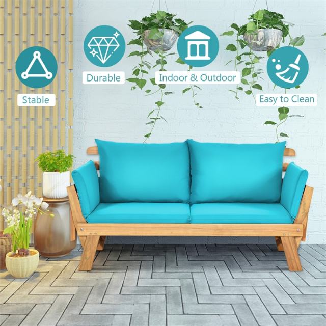 Outdoor Acacia Wood Convertible Sofa Daybed with Adjustable Armrests, Cushions & Pillows, Folding Patio Couch Sofa Bed for Porch Poolside