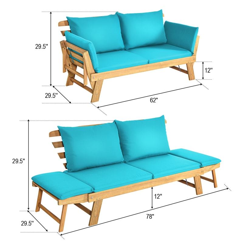 Outdoor Acacia Wood Convertible Sofa Daybed with Adjustable Armrests, Cushions & Pillows, Folding Patio Couch Sofa Bed for Porch Poolside