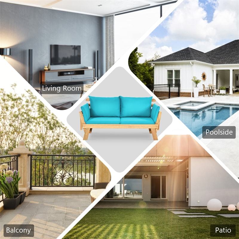 Outdoor Acacia Wood Convertible Sofa Daybed with Adjustable Armrests, Cushions & Pillows, Folding Patio Couch Sofa Bed for Porch Poolside