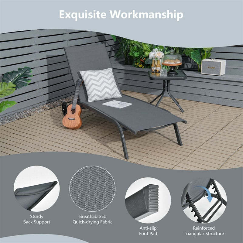 Outdoor Chaise Lounge Chair with 6-Position Adjustable Backrest & Wheels, Quick-Drying Fabric Patio Reclining Sun Lounger for Poolside, Backyard