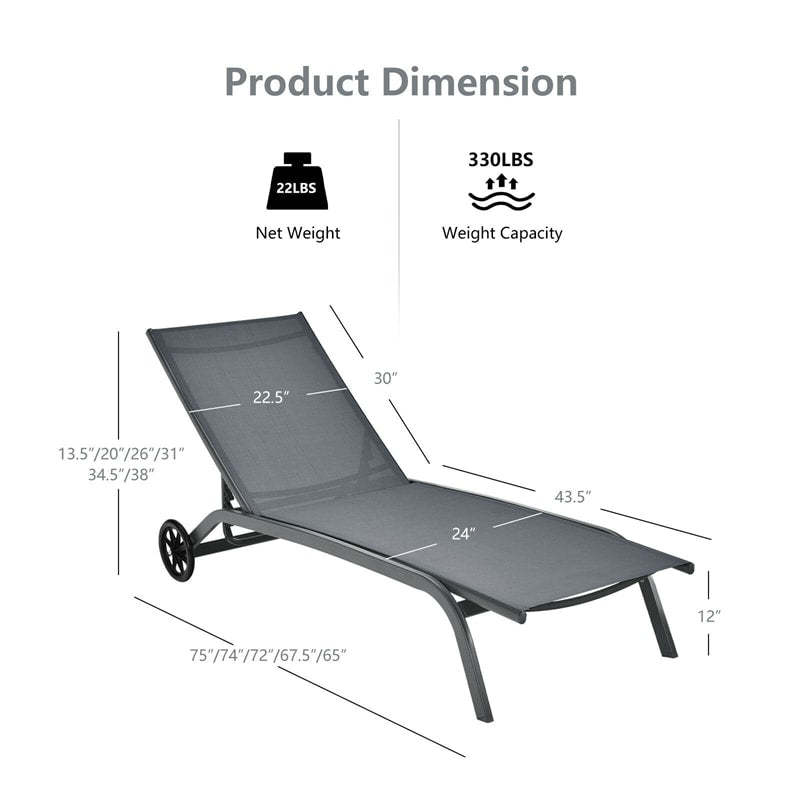 Outdoor Chaise Lounge Chair with 6-Position Adjustable Backrest & Wheels, Quick-Drying Fabric Patio Reclining Sun Lounger for Poolside, Backyard