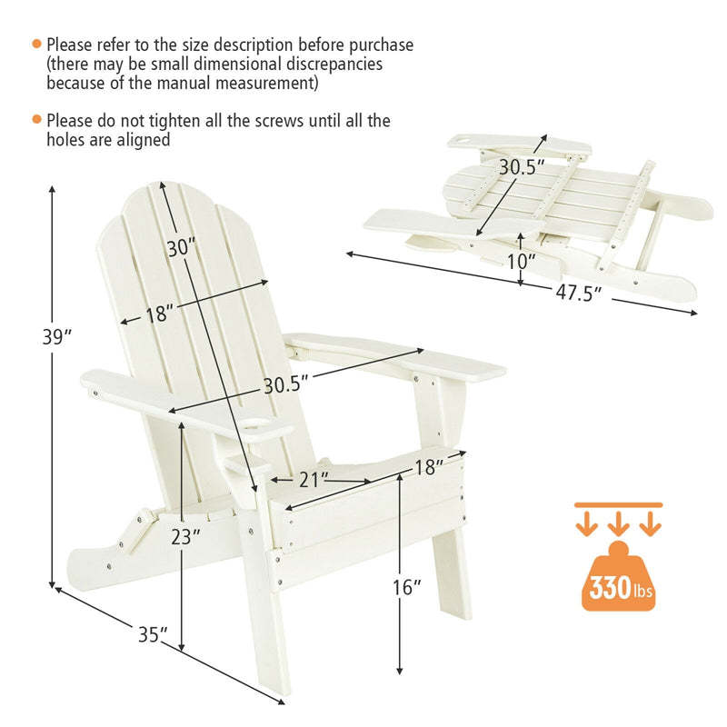 HDPE Folding Adirondack Chair, Outdoor Fire Pit Chair with Cup Holder, Weather Resistant Patio Lounge Chair for Backyard, Garden, Poolside