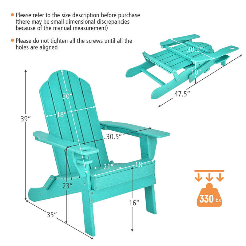 HDPE Folding Adirondack Chair, Outdoor Fire Pit Chair with Cup Holder, Weather Resistant Patio Lounge Chair for Backyard, Garden, Poolside