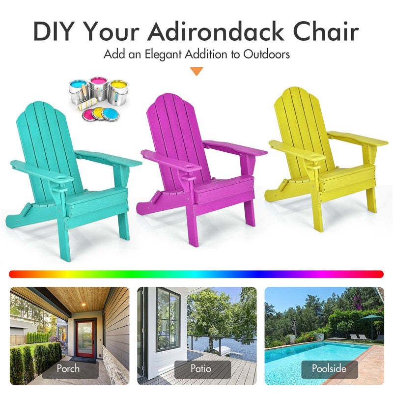 HDPE Folding Adirondack Chair, Outdoor Fire Pit Chair with Cup Holder, Weather Resistant Patio Lounge Chair for Backyard, Garden, Poolside