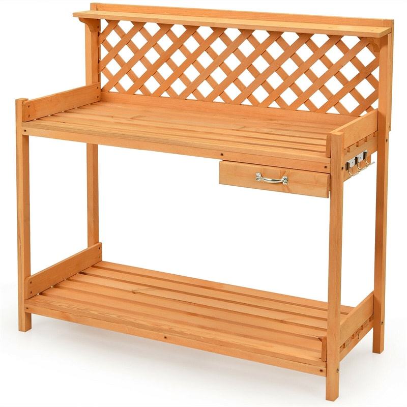 Outdoor Garden Wood Potting Bench Workstation Bench with Storage & Hook