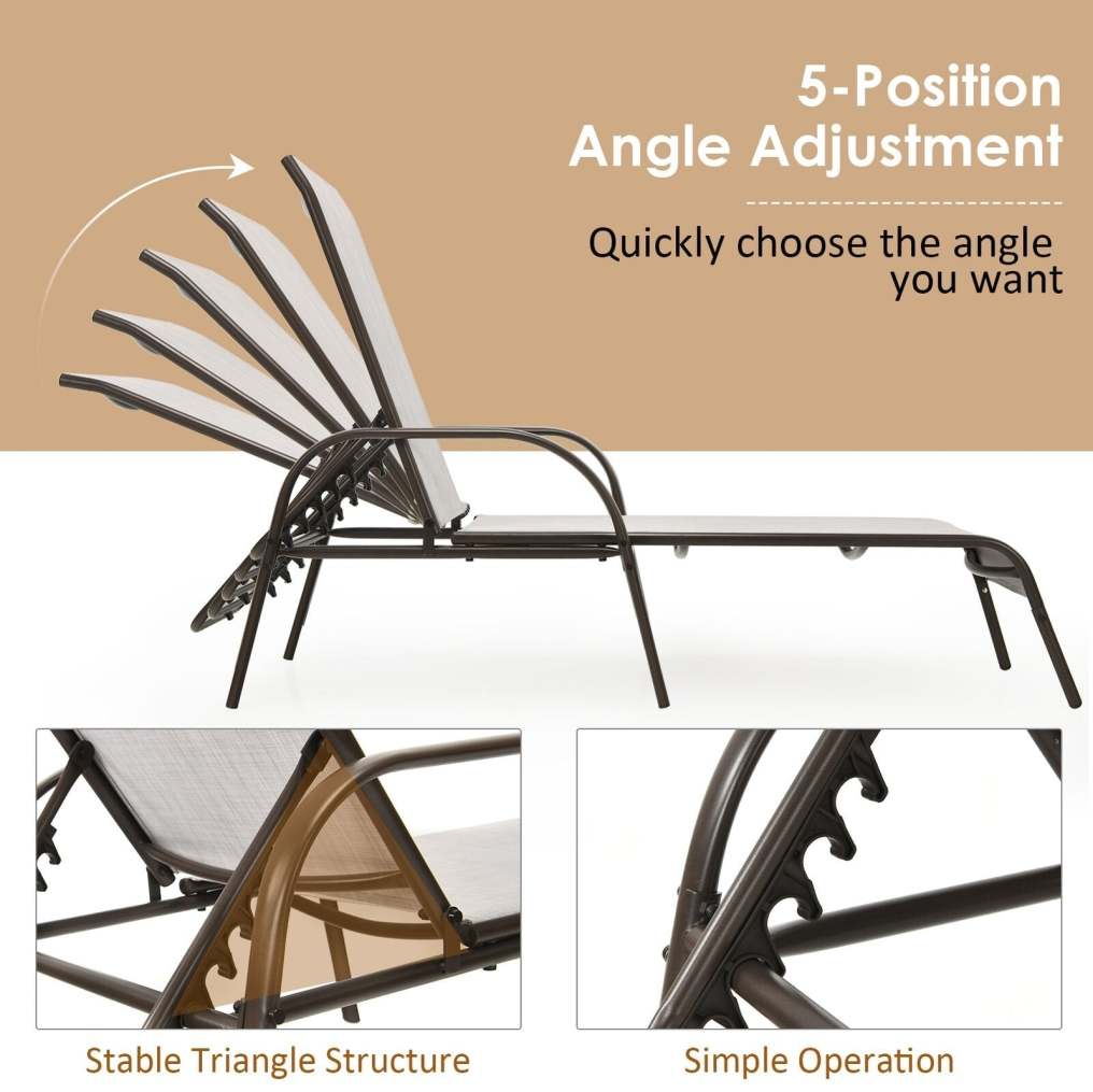 Outdoor Sling Chaise Lounge Chair Reclining Patio Chair Sunbathing Chair with Adjustable Backrest