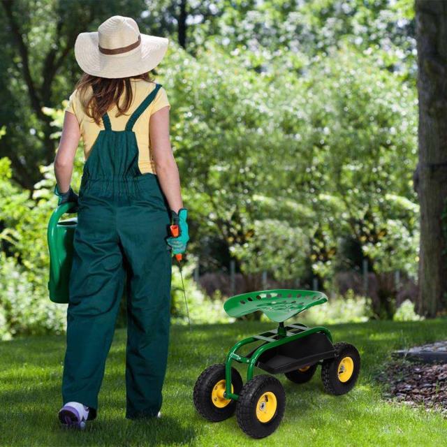 Rolling Garden Cart with 360° Swivel Seat, Tool Basket, Adjustable Height, 300LB Capacity Heavy Duty Gardening Seat for Lawn, Yard Work, Seniors