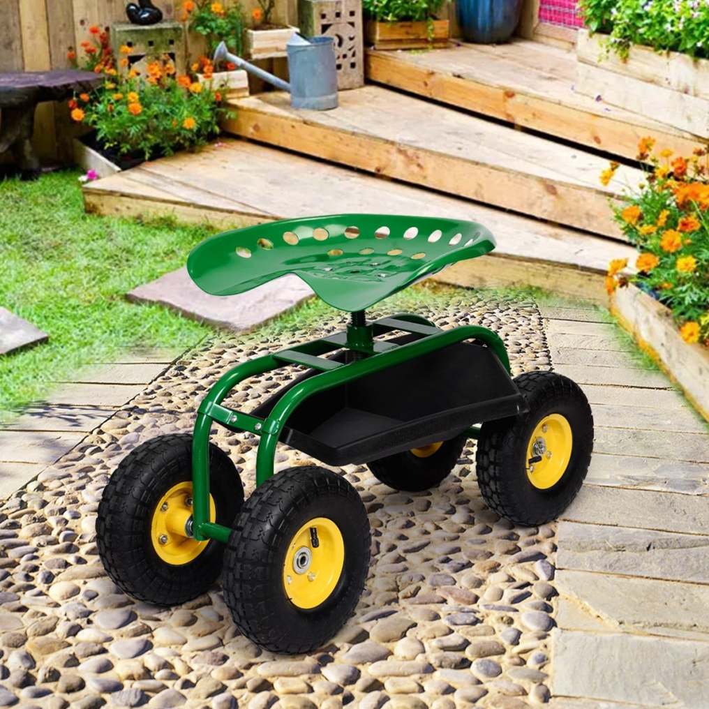 Rolling Garden Cart with 360° Swivel Seat, Tool Basket, Adjustable Height, 300LB Capacity Heavy Duty Gardening Seat for Lawn, Yard Work, Seniors