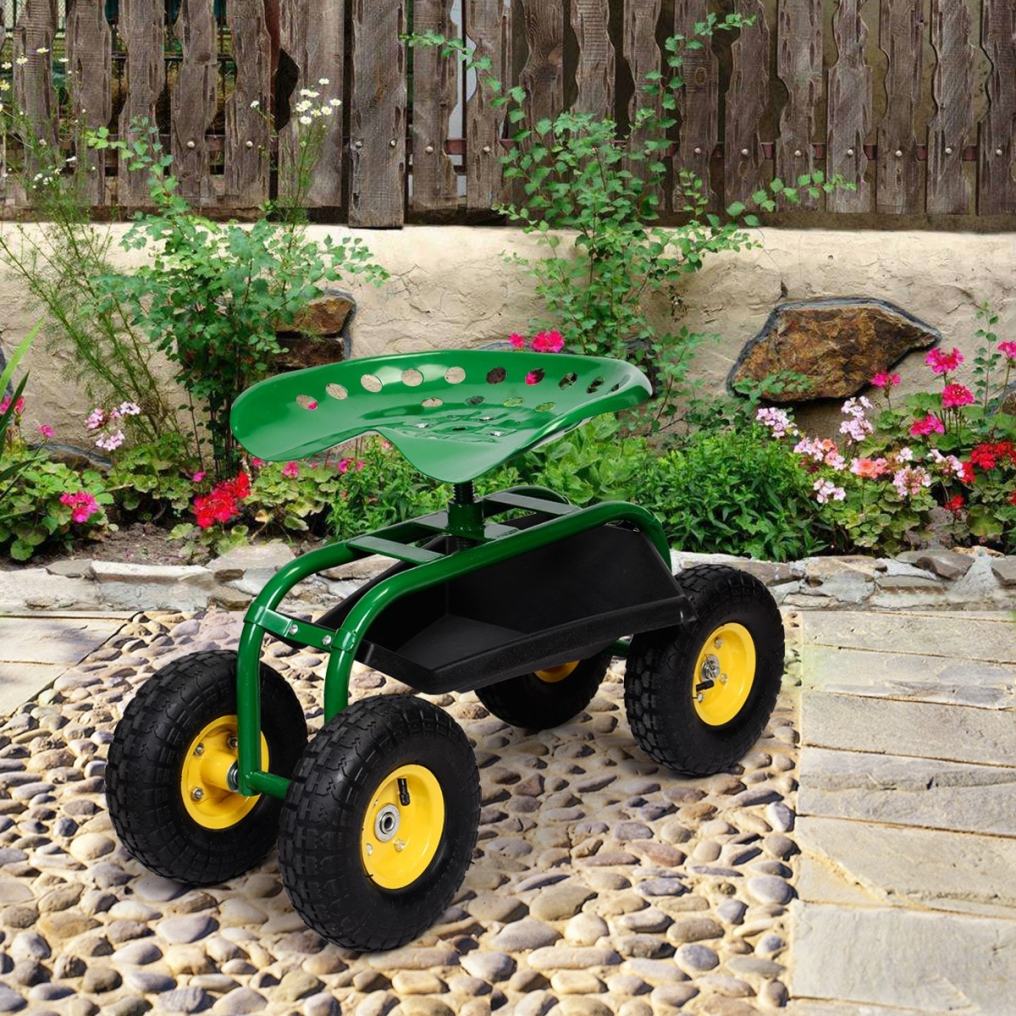 Rolling Garden Cart with 360° Swivel Seat, Tool Basket, Adjustable Height, 300LB Capacity Heavy Duty Gardening Seat for Lawn, Yard Work, Seniors