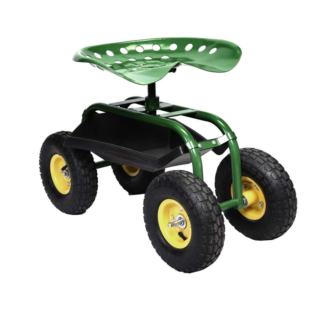 Rolling Garden Cart with 360° Swivel Seat, Tool Basket, Adjustable Height, 300LB Capacity Heavy Duty Gardening Seat for Lawn, Yard Work, Seniors