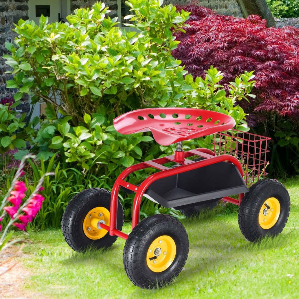 Rolling Garden Cart with 360° Swivel Seat, Tool Basket, Adjustable Height, 300LB Capacity Heavy Duty Gardening Seat for Lawn, Yard Work, Seniors