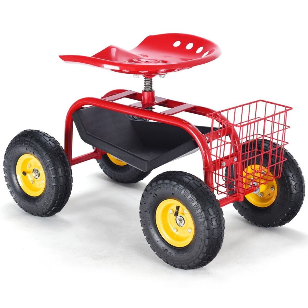 Rolling Garden Cart with 360° Swivel Seat, Tool Basket, Adjustable Height, 300LB Capacity Heavy Duty Gardening Seat for Lawn, Yard Work, Seniors