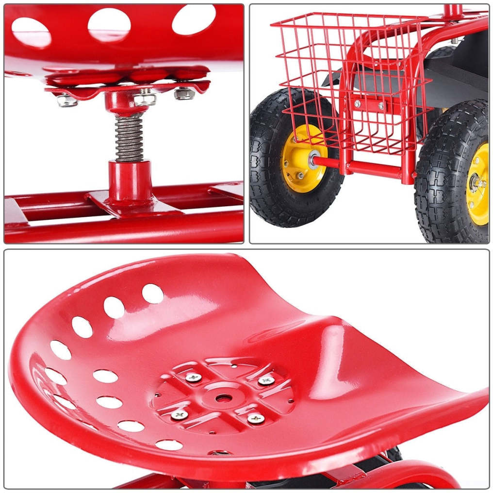 Rolling Garden Cart with 360° Swivel Seat, Tool Basket, Adjustable Height, 300LB Capacity Heavy Duty Gardening Seat for Lawn, Yard Work, Seniors