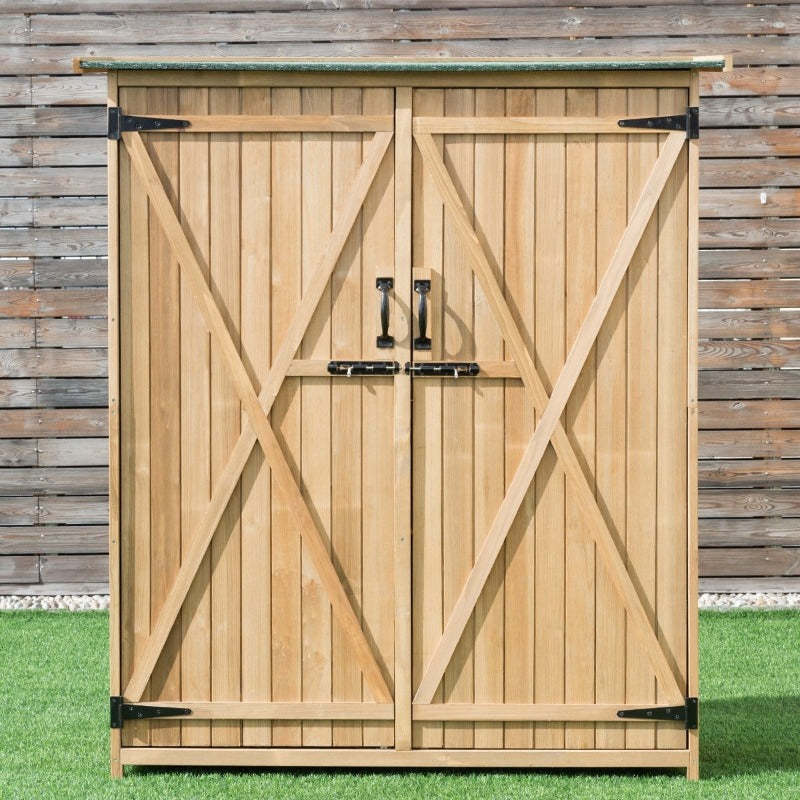 64" Solid Wood Outdoor Storage Shed Garden Tool Storage Cabinet Garden Hutch with 2 Lockable Doors & Tilted Asphalt Roof