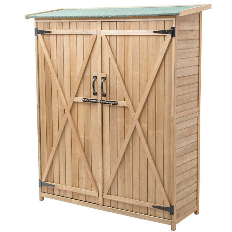 64" Solid Wood Outdoor Storage Shed Garden Tool Storage Cabinet Garden Hutch with 2 Lockable Doors & Tilted Asphalt Roof