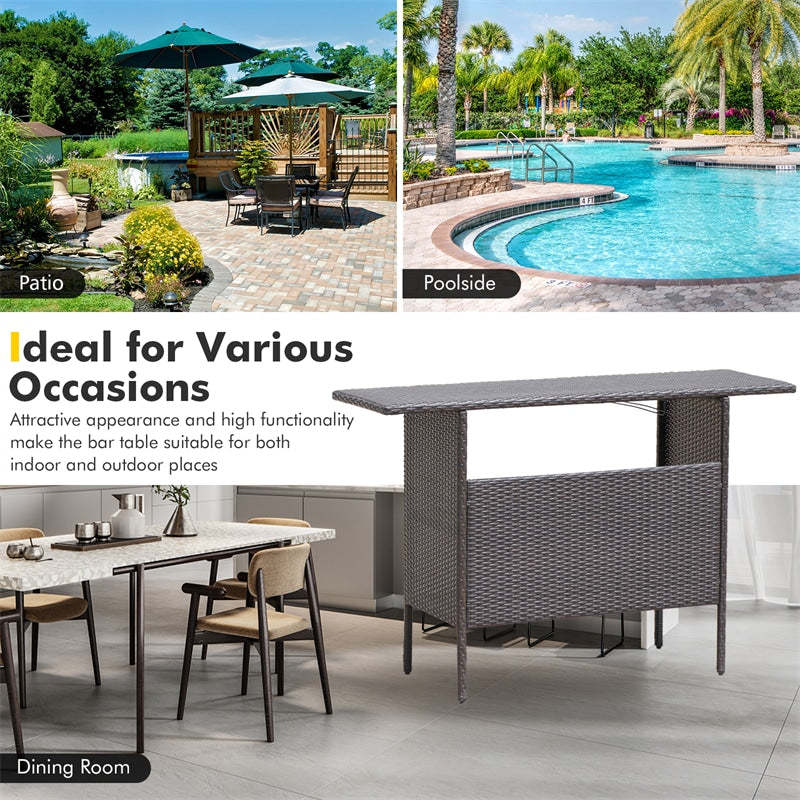 Outdoor Wicker Bar Table All Weather Rattan Bar Counter Table with 2 Metal Mesh Shelves & 2-Rail Steel Stemware Racks