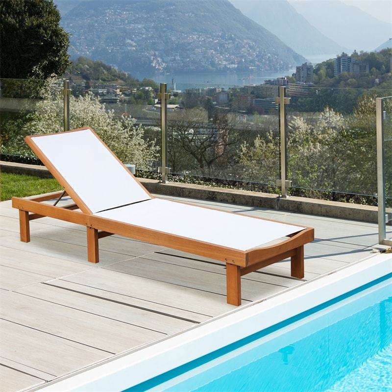Outdoor Eucalyptus Wood Chaise Lounge with 5-Position Adjustable Backrest & Quick-Dry Fabric, Reclining Patio Lounge Chair for Poolside, Backyard