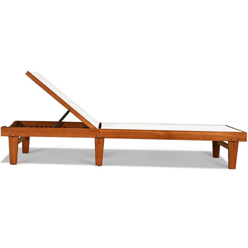 Outdoor Eucalyptus Wood Chaise Lounge with 5-Position Adjustable Backrest & Quick-Dry Fabric, Reclining Patio Lounge Chair for Poolside, Backyard