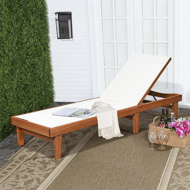 Outdoor Eucalyptus Wood Chaise Lounge with 5-Position Adjustable Backrest & Quick-Dry Fabric, Reclining Patio Lounge Chair for Poolside, Backyard