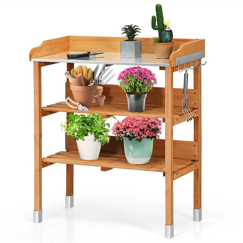 Wooden Garden Potting Bench Outdoor Work Station Table Storage Shelf with Metal Tabletop & Hooks