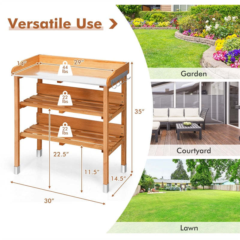Wooden Garden Potting Bench Outdoor Work Station Table Storage Shelf with Metal Tabletop & Hooks