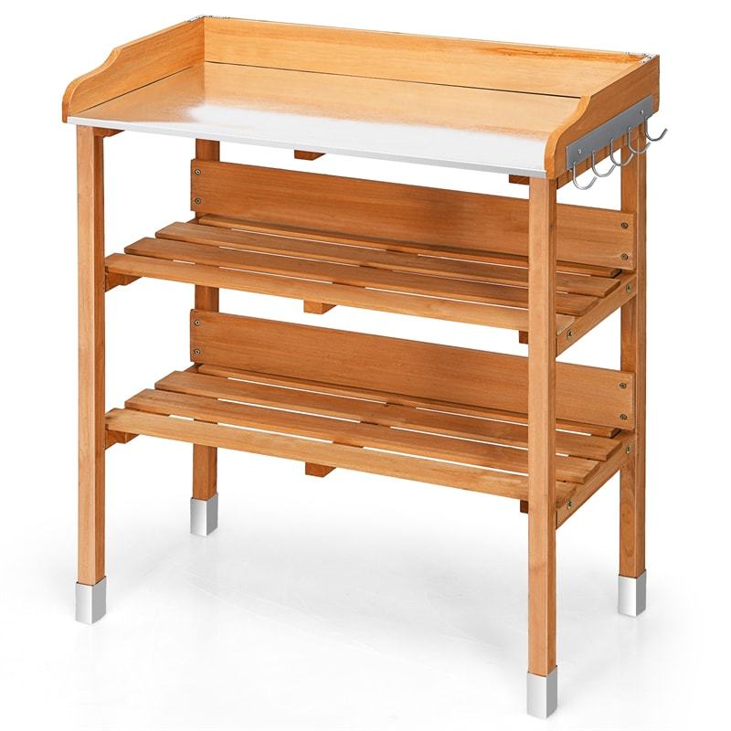 Wooden Garden Potting Bench Outdoor Work Station Table Storage Shelf with Metal Tabletop & Hooks
