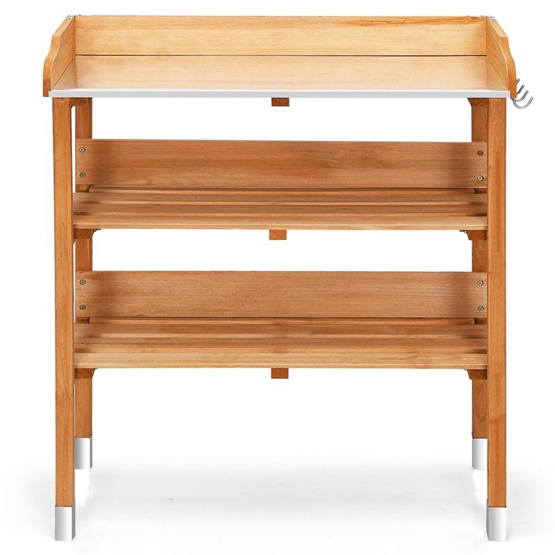 Wooden Garden Potting Bench Outdoor Work Station Table Storage Shelf with Metal Tabletop & Hooks
