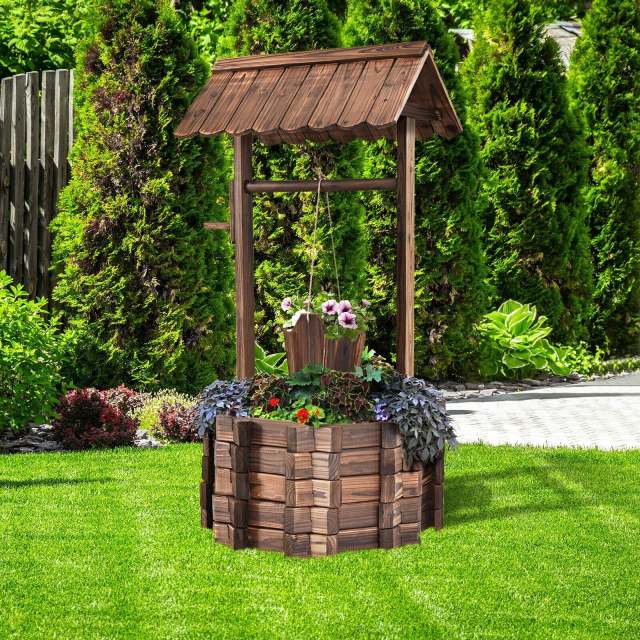 Rustic Wooden Wishing Well Planter with Hanging Bucket & Roof, Wishing Well Bucket Planter for Flower Plants Outdoor Garden Home Decor