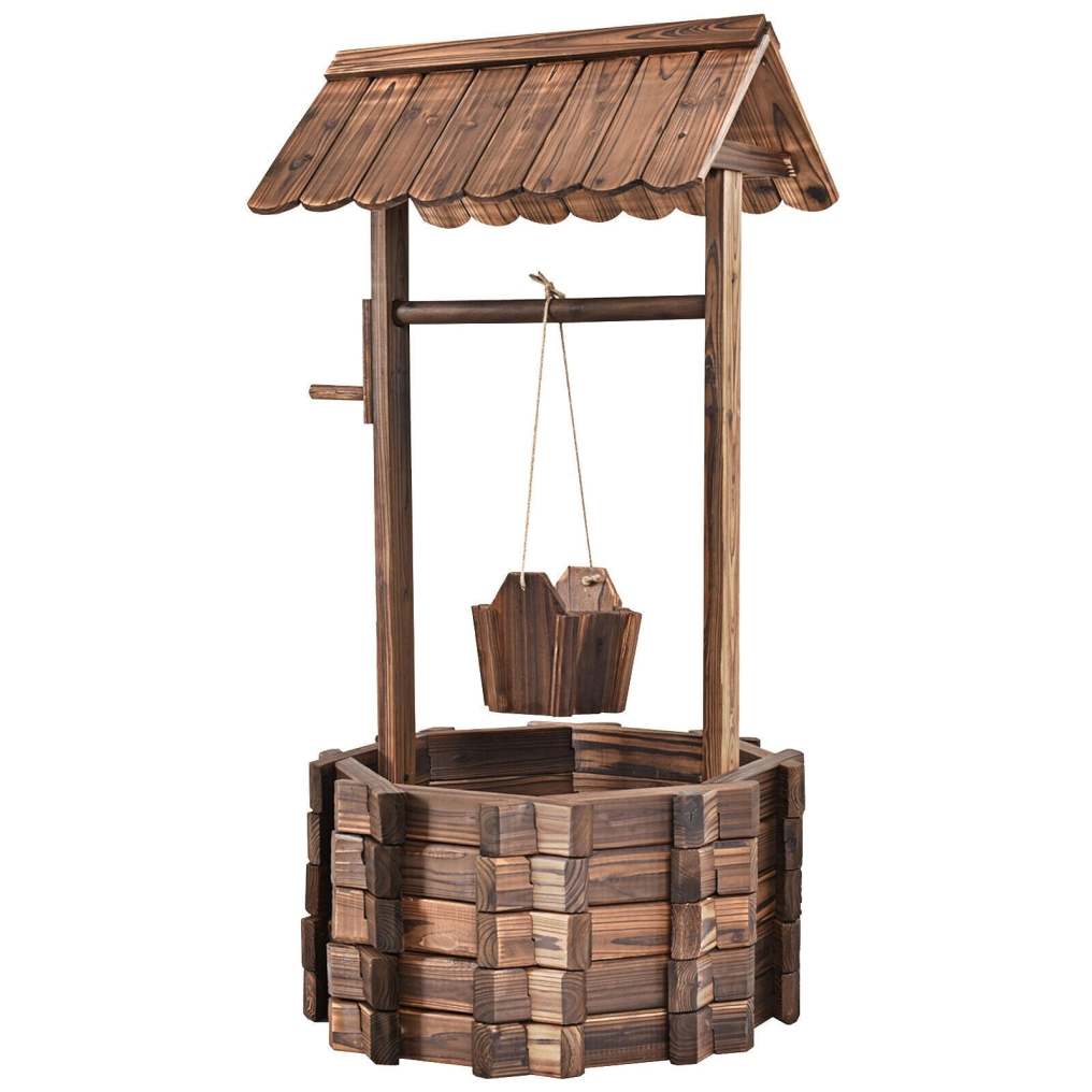 Rustic Wooden Wishing Well Planter with Hanging Bucket & Roof, Wishing Well Bucket Planter for Flower Plants Outdoor Garden Home Decor