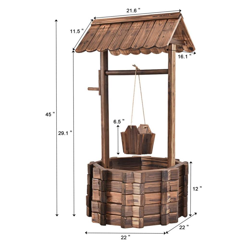 Rustic Wooden Wishing Well Planter with Hanging Bucket & Roof, Wishing Well Bucket Planter for Flower Plants Outdoor Garden Home Decor