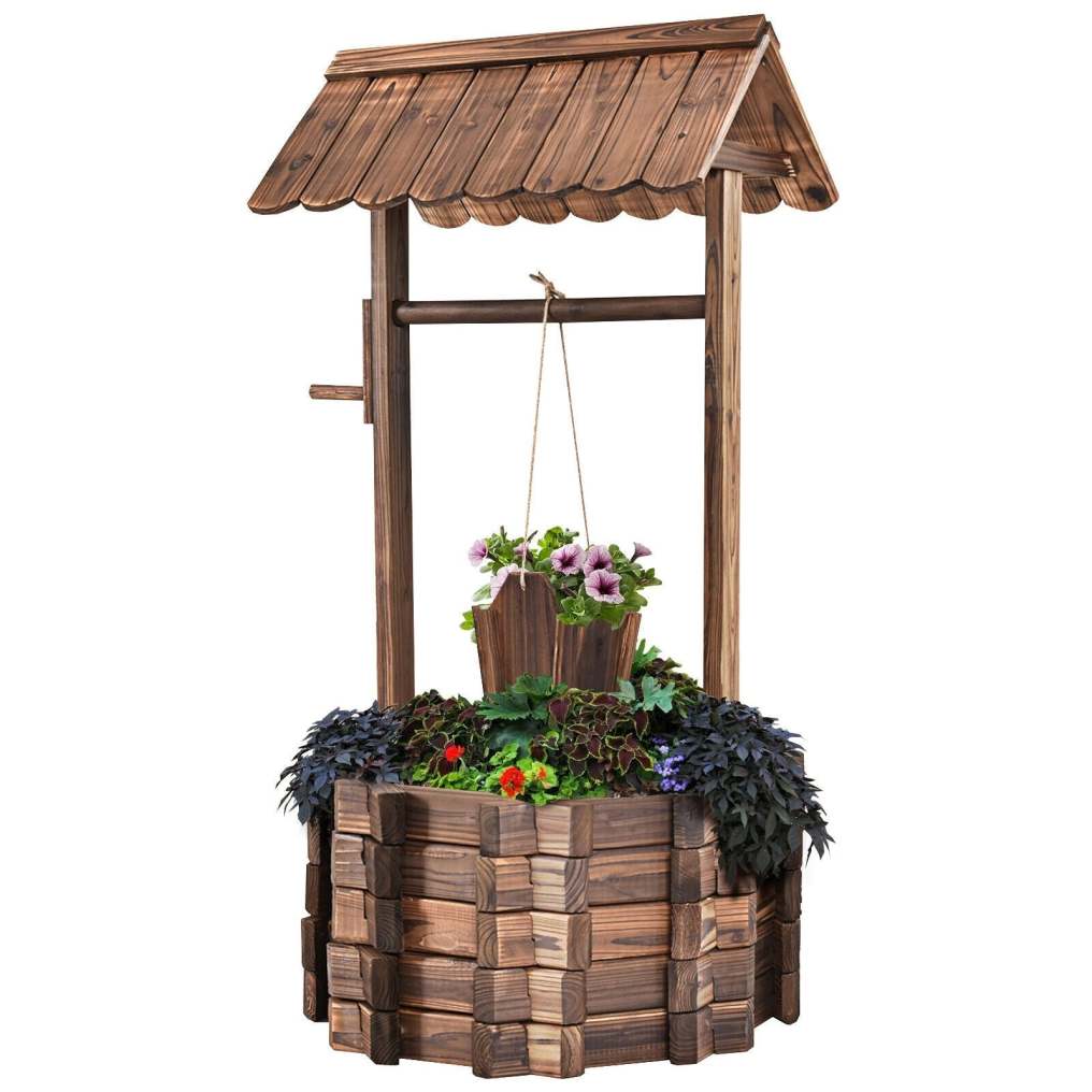 Rustic Wooden Wishing Well Planter with Hanging Bucket & Roof, Wishing Well Bucket Planter for Flower Plants Outdoor Garden Home Decor