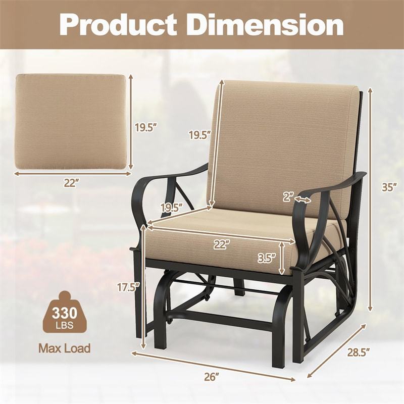Outdoor Glider Rocking Chair with Cushion, Curved Armrest & Metal Frame, Ergonomic Patio Glider Chair for Porch, Backyard, Poolside