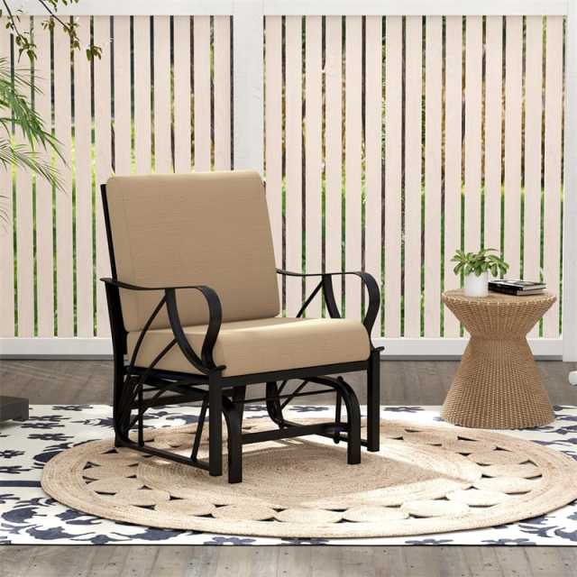 Outdoor Glider Rocking Chair with Cushion, Curved Armrest & Metal Frame, Ergonomic Patio Glider Chair for Porch, Backyard, Poolside