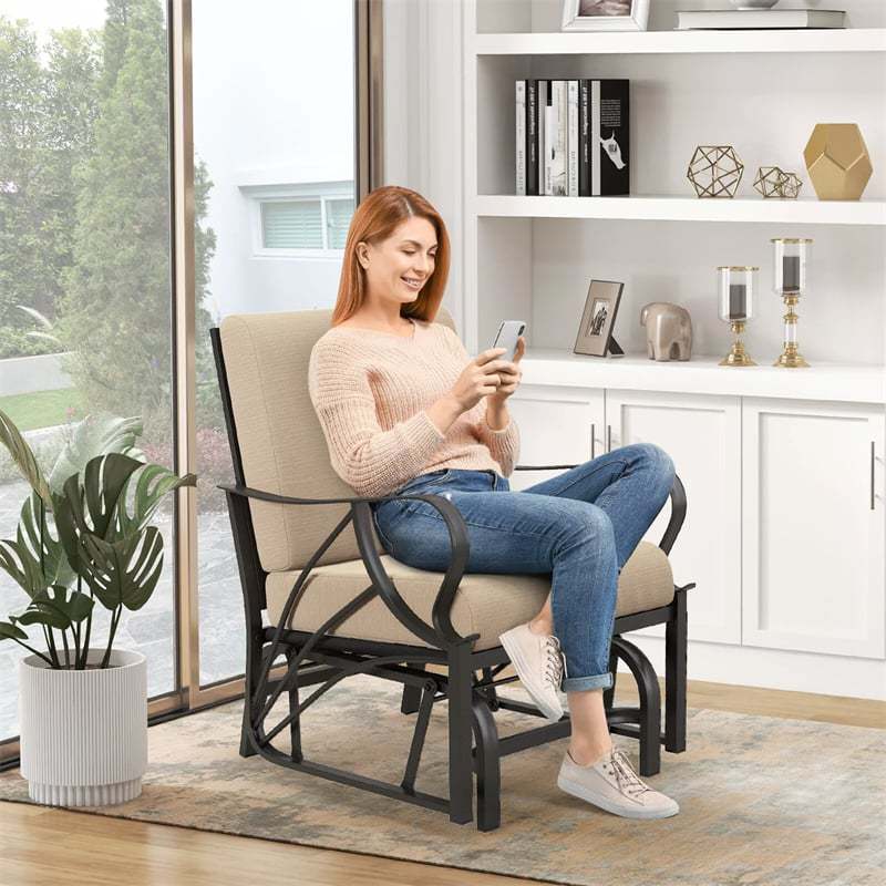 Outdoor Glider Rocking Chair with Cushion, Curved Armrest & Metal Frame, Ergonomic Patio Glider Chair for Porch, Backyard, Poolside