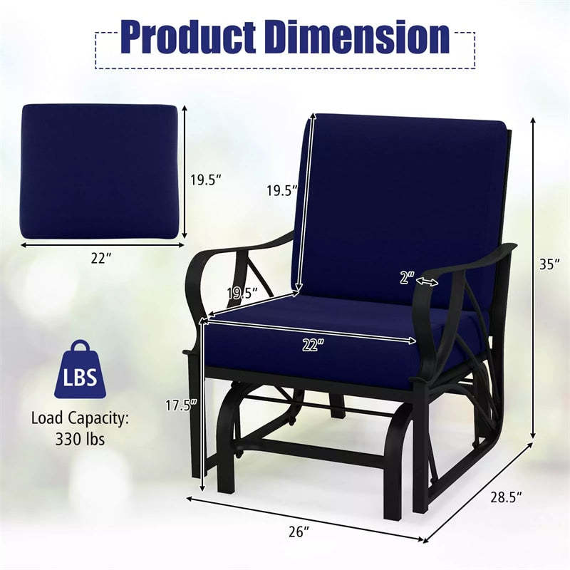 Outdoor Glider Rocking Chair with Cushion, Curved Armrest & Metal Frame, Ergonomic Patio Glider Chair for Porch, Backyard, Poolside