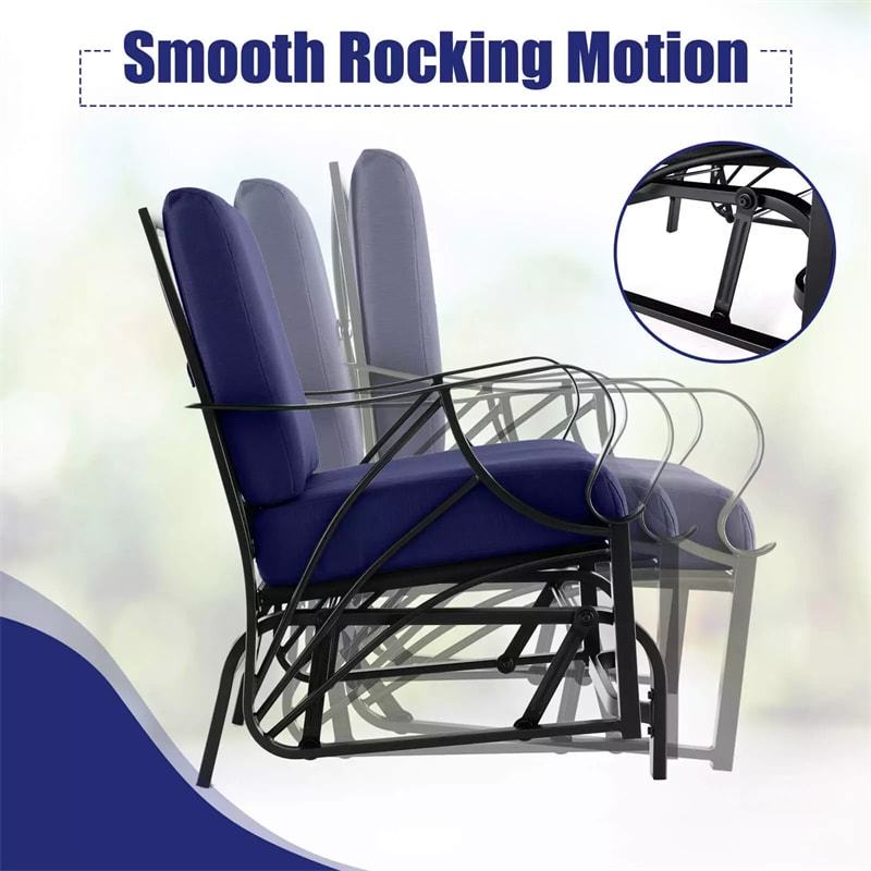 Outdoor Glider Rocking Chair with Cushion, Curved Armrest & Metal Frame, Ergonomic Patio Glider Chair for Porch, Backyard, Poolside