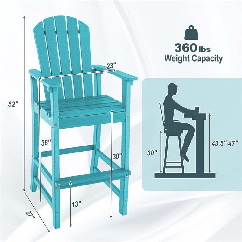 Outdoor HDPE Adirondack Bar Stools Set of 2, 30" Tall Adirondack Chairs with High Backrest & Footrest, 360LBS Capacity for Poolside, Patio