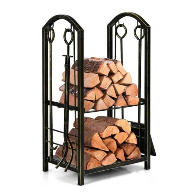 Firewood Rack with 4 Fireplace Tools Set, Heavy Duty Wrought Iron Log Rack Wood Storage Firewood Holder for Indoor  Outdoor